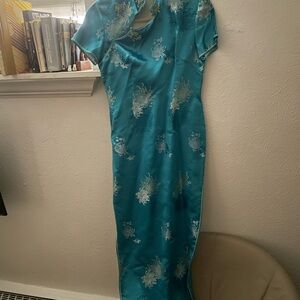 Vintage Blue Sheath Maxi Dress with Mandarin Collar